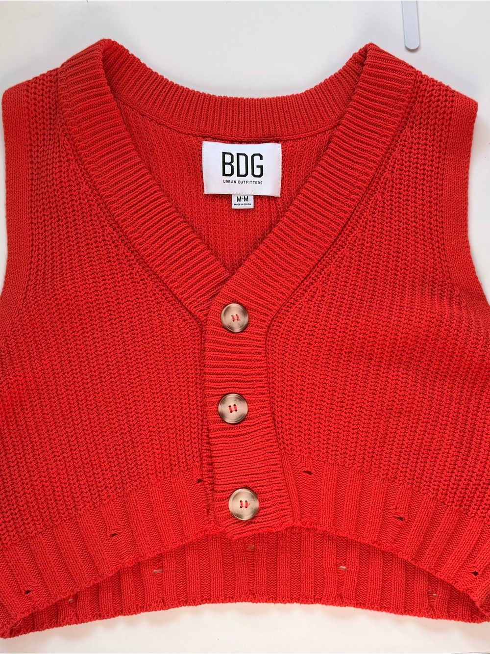 BDG Red V-Neck Button-Front Knit Vest,Sleeveless #0097